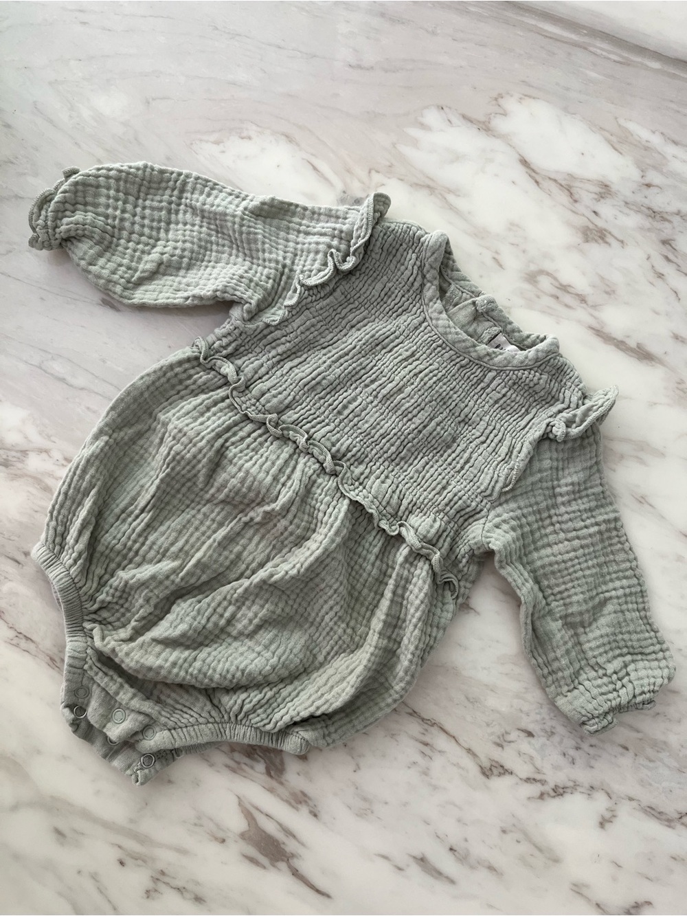Baby Ruffle Front Long-Sleeve Romper in Sage